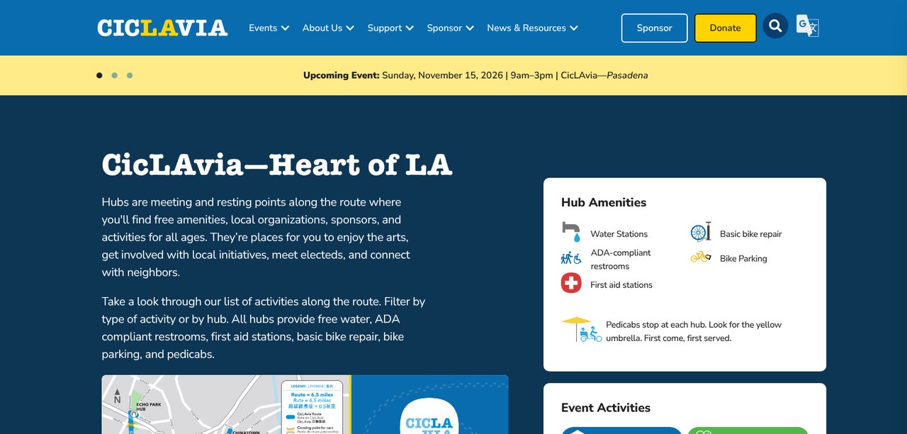 The Activities Along the Route page for CicLAvia—Heart of LA, with a description of hubs, a hub amenities panel, and filter buttons by activity type.