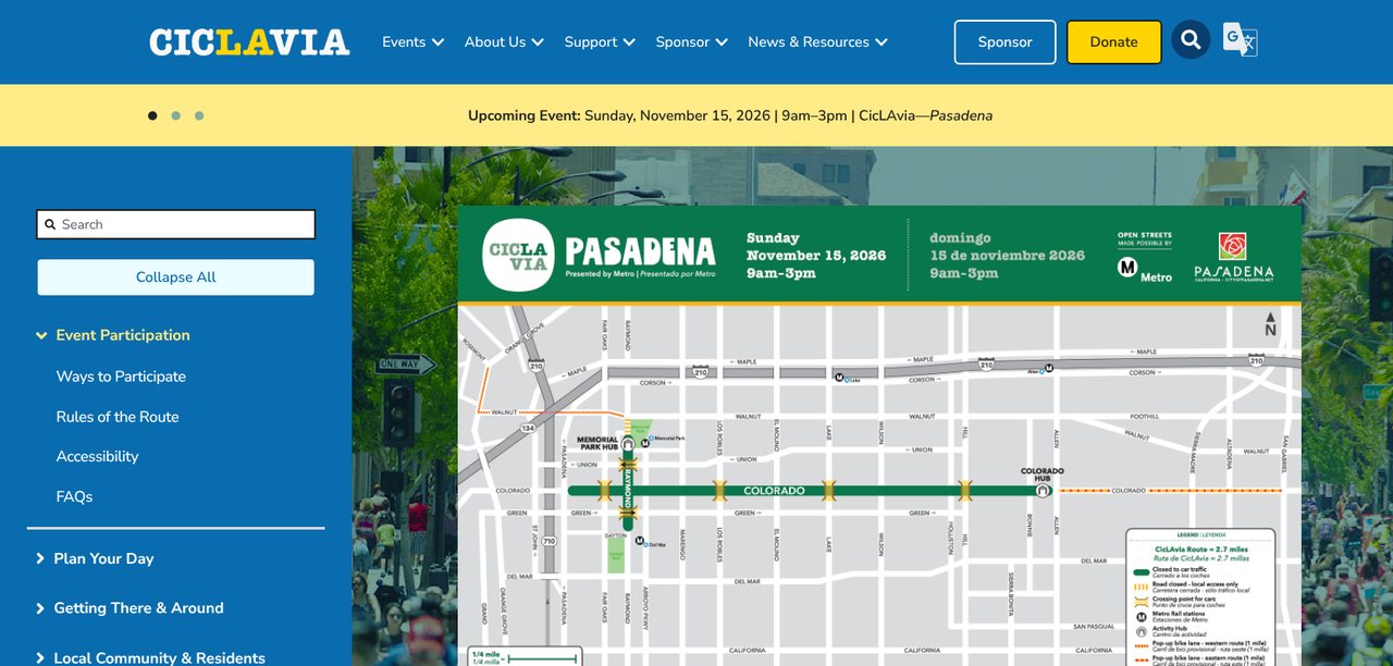 A CicLAvia event page for Pasadena, with a large route map and a sidebar of collapsible sections such as Ways to Participate, Rules of the Route, and Accessibility.