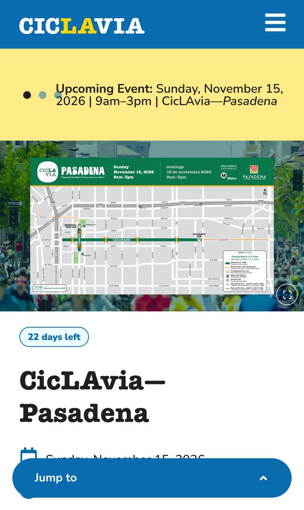 The same event page on a phone, showing the route map, a "22 days left" countdown, and a "Jump to" button.