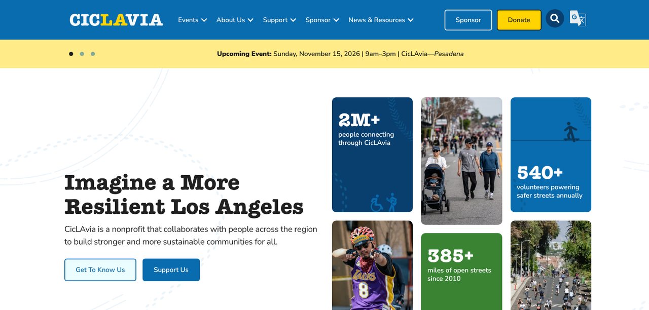 The new ciclavia.org homepage, with the headline "Imagine a More Resilient Los Angeles," impact statistics, and photos of people walking and biking on car-free streets.