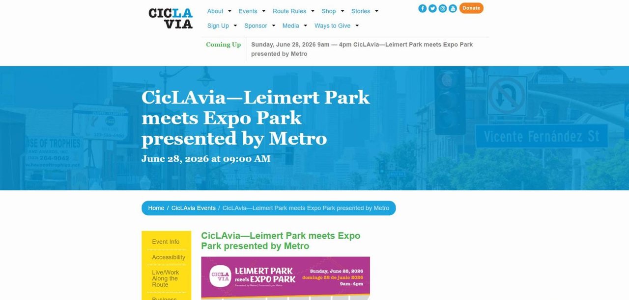 The previous event page for CicLAvia—Leimert Park meets Expo Park, with a large title banner and a yellow sidebar of links to separate pages.