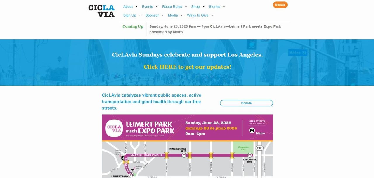 The previous CicLAvia homepage in June 2026, with a two-row text menu, a blue banner reading "Click HERE to get our updates!," and an event route map.