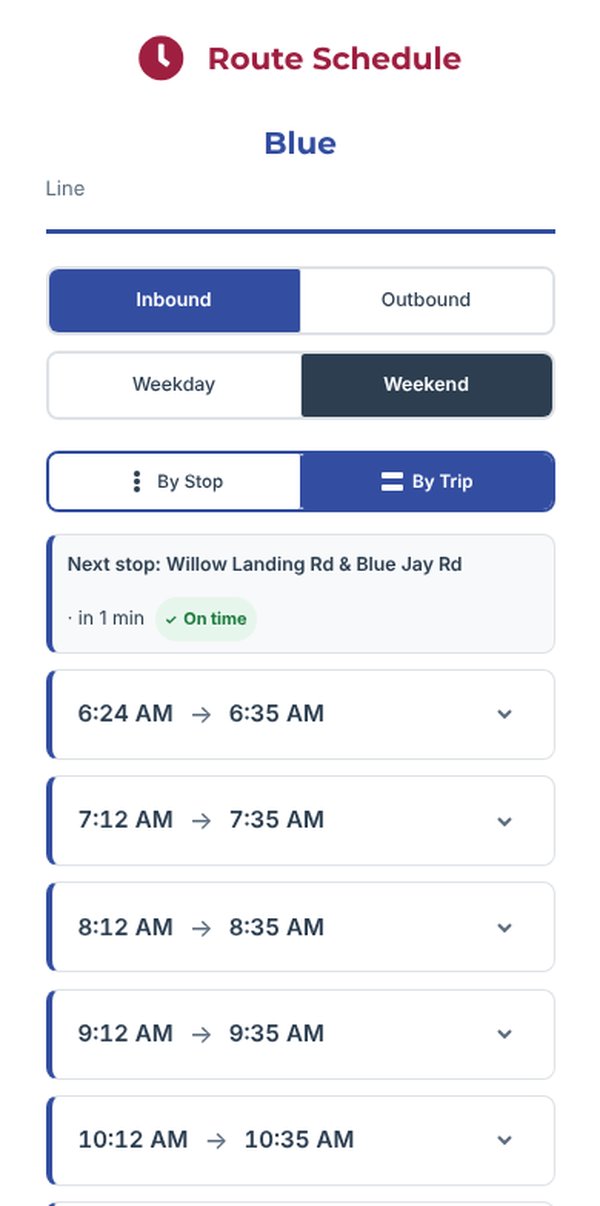 The Blue Line schedule on a phone, with Inbound and Weekend selected, a next-stop card marked "On time," and a list of trips by departure time.