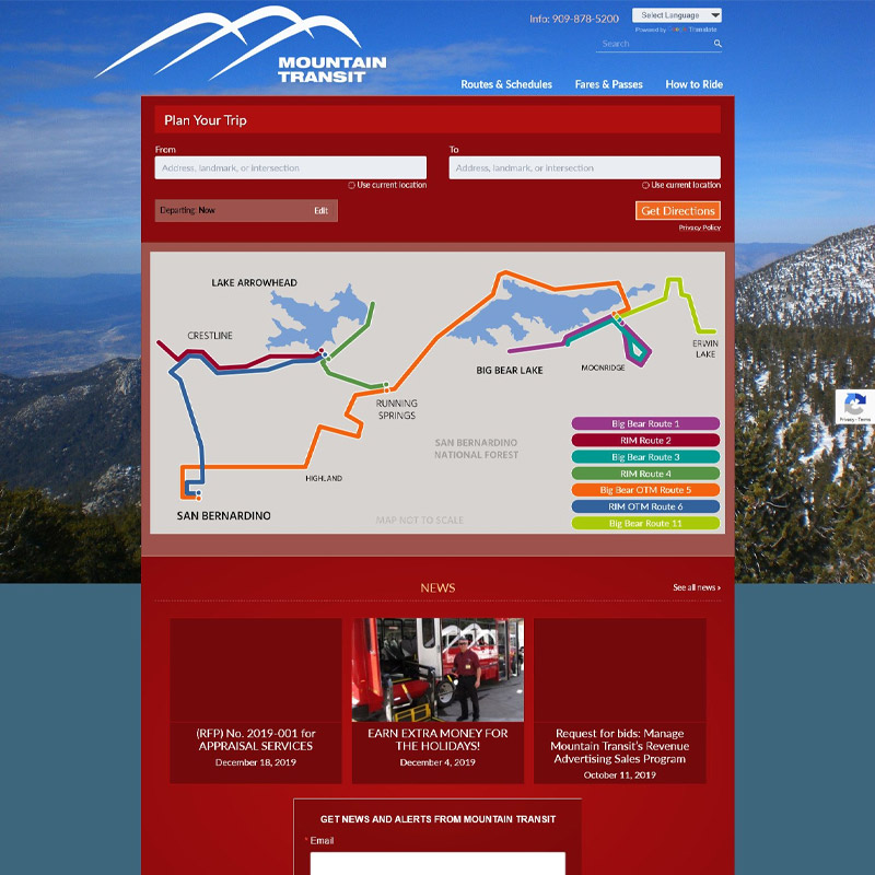 The previous Mountain Transit homepage, around January 2020, with a red "Plan Your Trip" box over a mountain photo, a static map of seven routes, and three news items from late 2019.