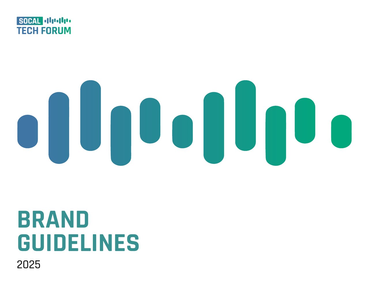 Cover of the SoCal Tech Forum Brand Guidelines 2025, with the logo's blue-to-green sound-wave bars above the title.