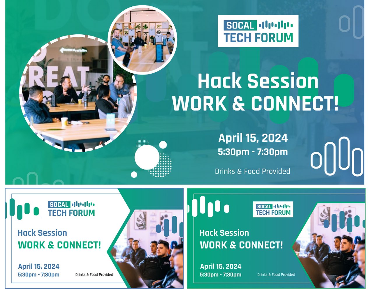 Three sample event banners for a "Hack Session, Work and Connect!" meetup, using the new logo, the blue-to-green gradient, sound-wave graphics, and photos of members at a past forum.