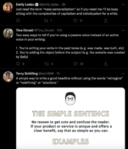An example of a Twitter feed, some without photos and one tweet with a photo