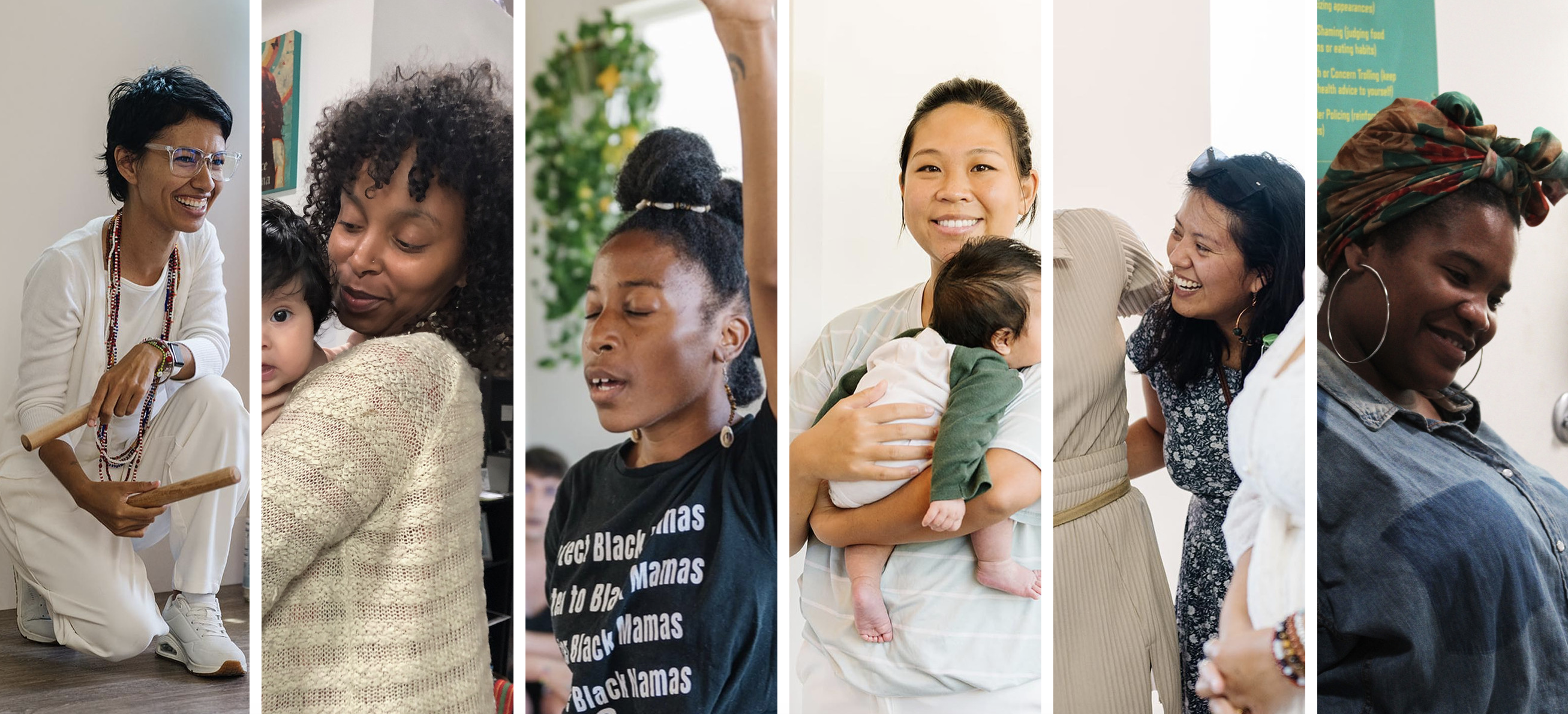 Different boxes showing different women, some holding babies, some smiling, some with eyes closed.