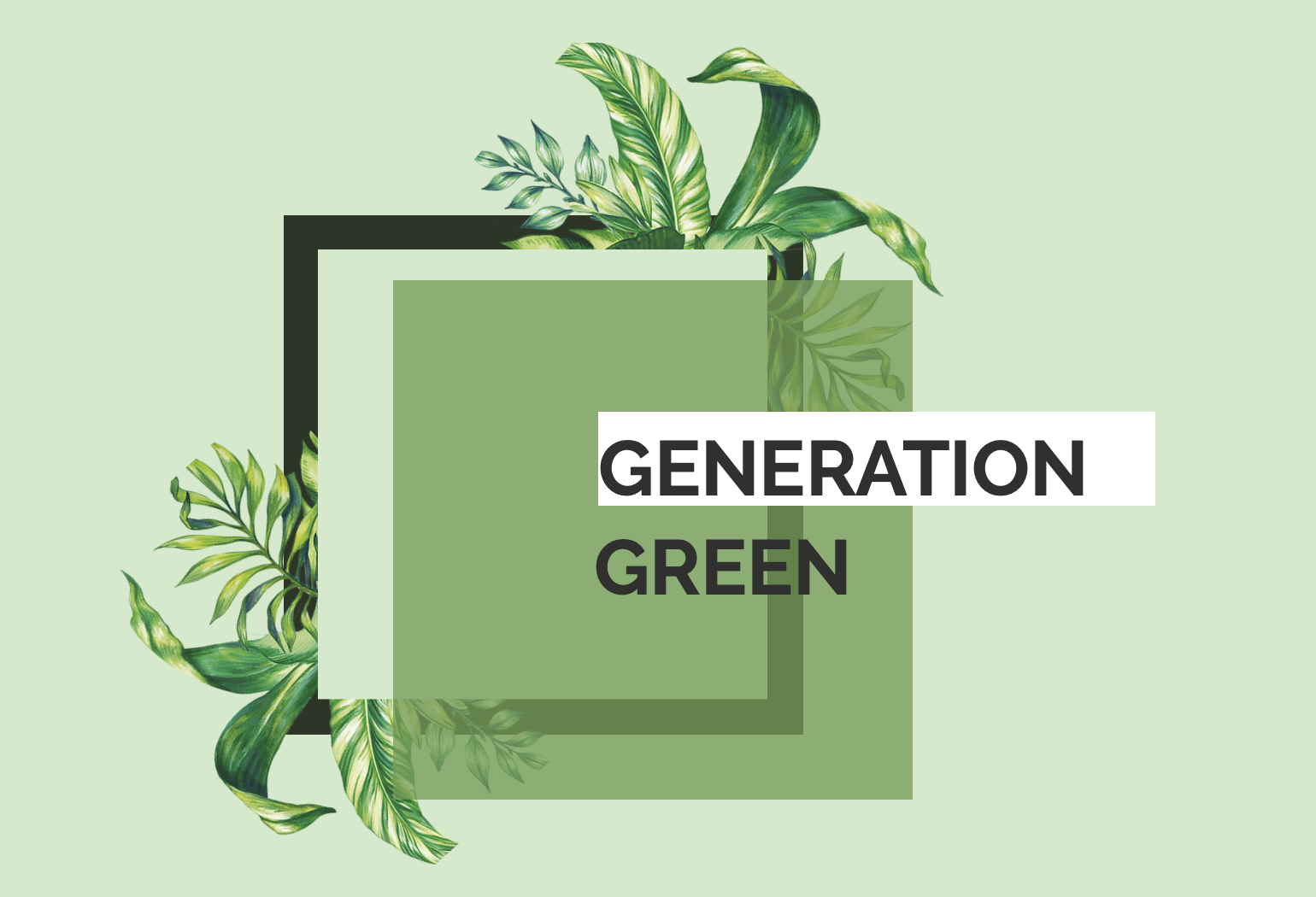 Beautiful plants and leaves, green background with a light green box overlaid and a black outline of a square. There is text that reads Generation Green.